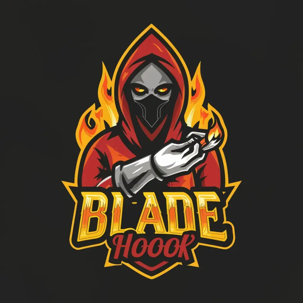 a logo design,with the text "Blade Hook", main symbol:guy with mask smoke weed and trow a hook on fire,Moderate,clear background