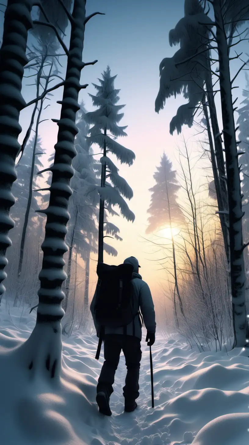 A scenic snowy forest landscape. silhouette of a bald guy with cap and backpack, realistic snow, twilight atmosphere, 1080f resolution, ultra 4K, high definition, volumetric light
