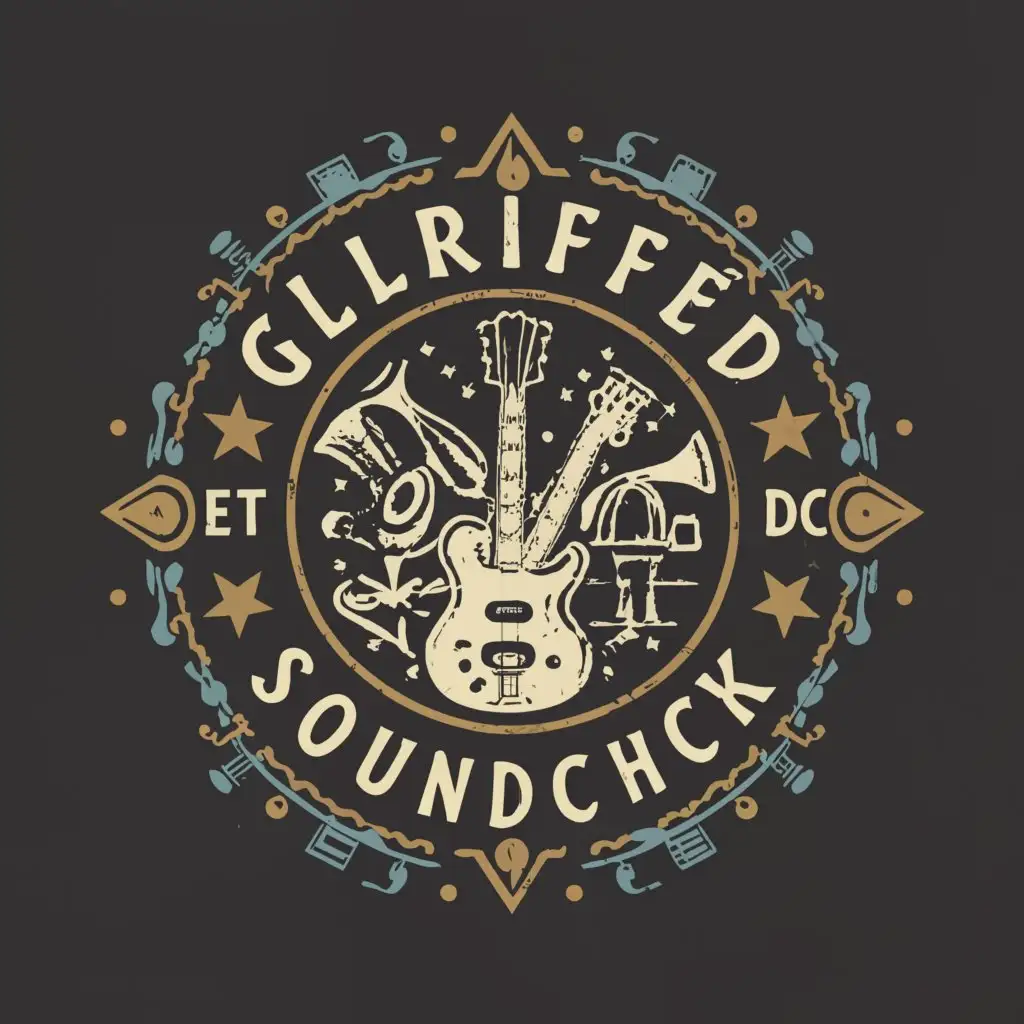 a logo design,with the text "Glorified Soundcheck ", main symbol:Guitar/Drums/Microphone/Instruments,Moderate,be used in Entertainment industry,clear background