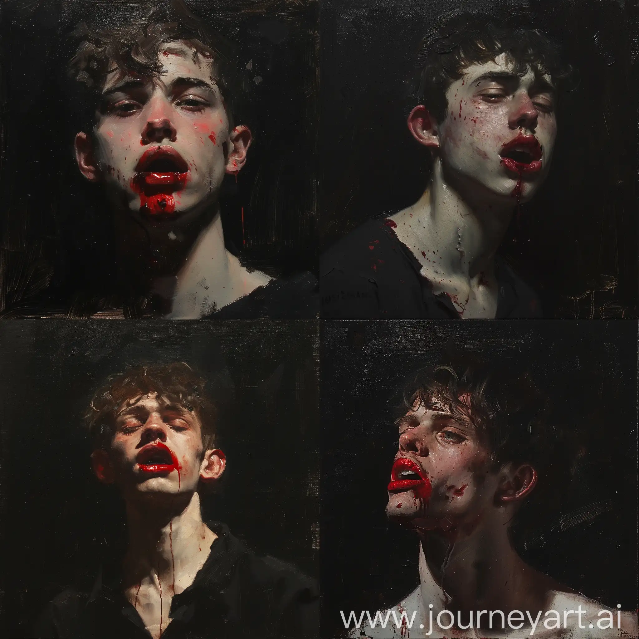 Dark painting of a young man with bloody mouth by Frank Duveneck, Oil sketch, wlop John singer Sargent, jeremy lipkin and rob rey, range murata jeremy lipking, John singer Sargent, black background, jeremy lipkin, lensculture portrait awards, casey baugh and james jean, detailed realism in painting, award-winning portrait, amazingly detailed oil painting, brushstrokes, Sean cheetham, details, well painted, good colors, strong shadows, black background
