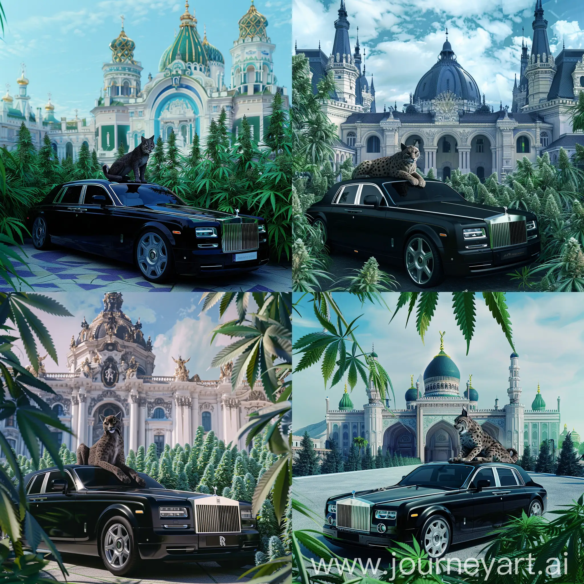 Черный Роллс ройс стоит на фоне красивого дворца и растения канабиса зеленого цвета. На капоте роллс ройса сидит рысь. Преобладают синий белый и черный цвета. 3D 4k 1080p