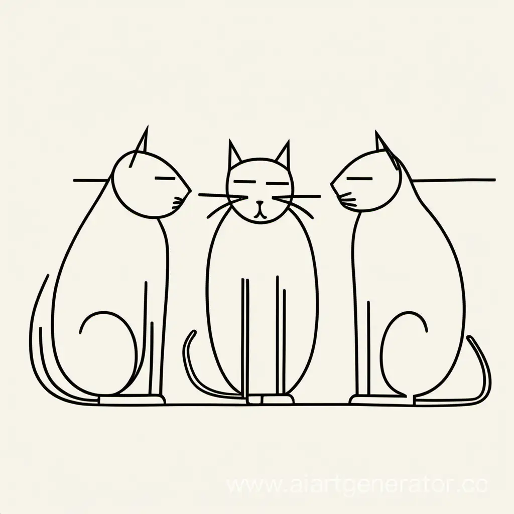 Три разных одной линией кота играют с мышью минимализм примитив растровый рисунок абстрактно упрощённо конструктивизм лучизм супрематизм