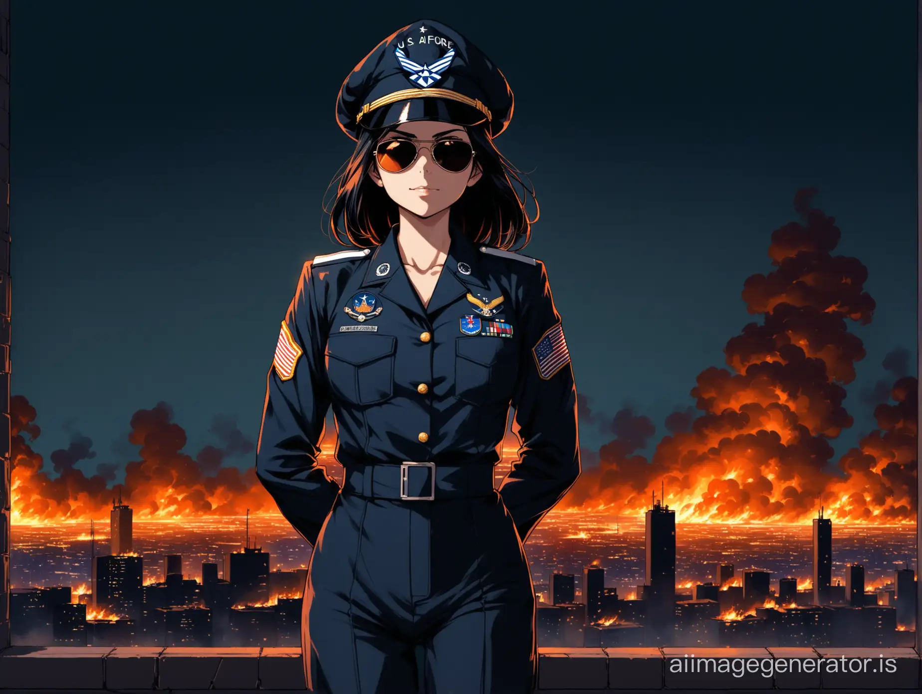 A serious woman with black hair in a black US Air Force uniform in dark aviator sunglasses and a cap stands with her hands behind her back, looking forward-right, against the backdrop of a burning city at night, slightly smiling, with a straight posture