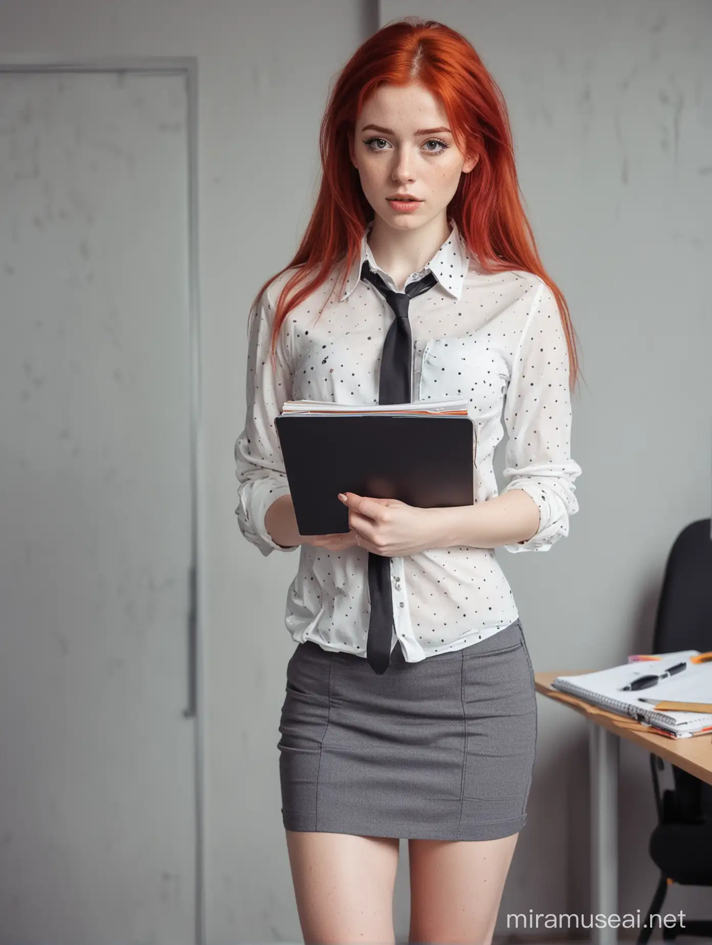 Bold Redhead Office Worker with Freckles Holding Notebook