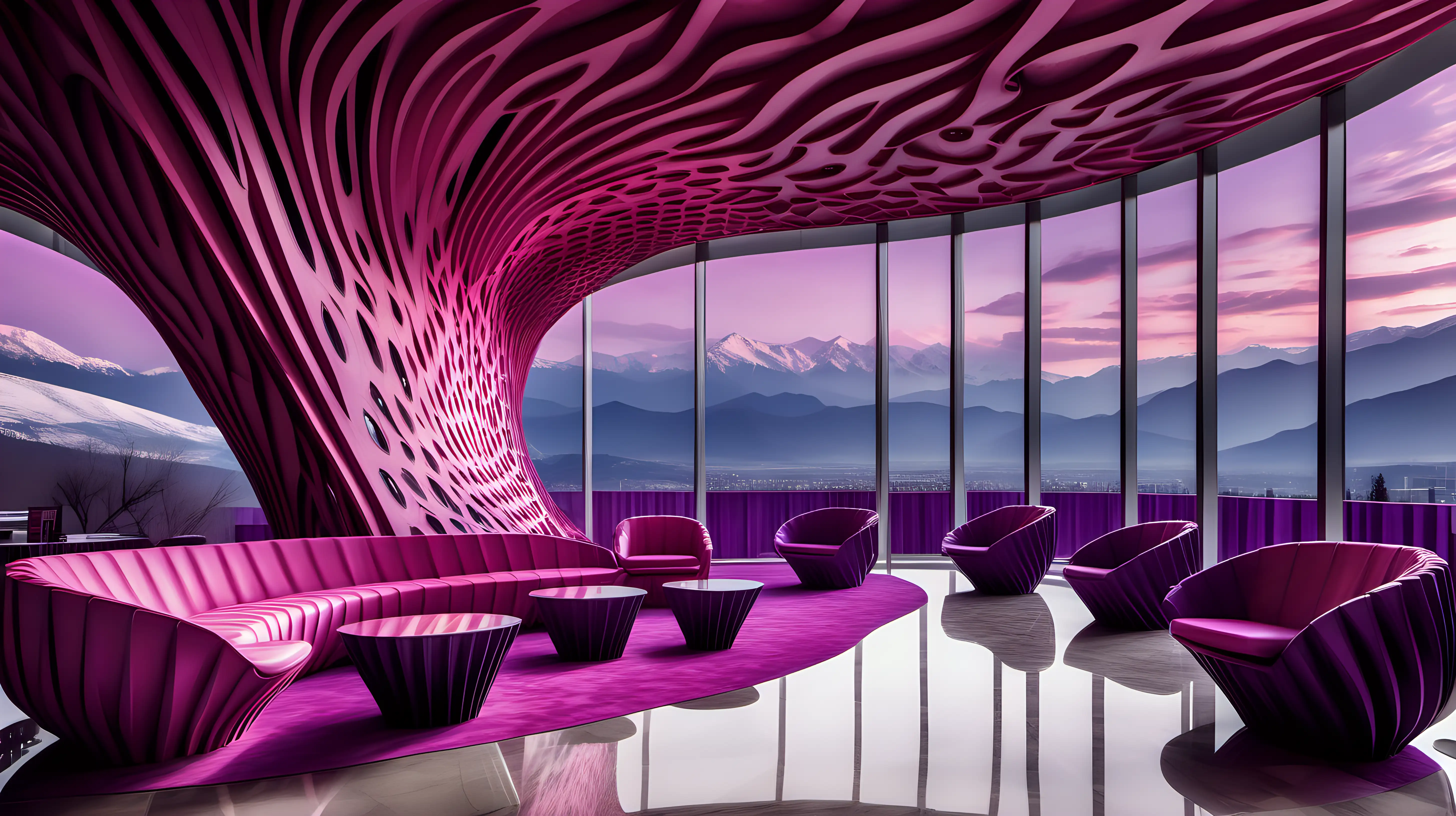 hotel lobby in Parametric Architecture design super modern in den Farben Pink und Lila mit Blick in die Berge 
