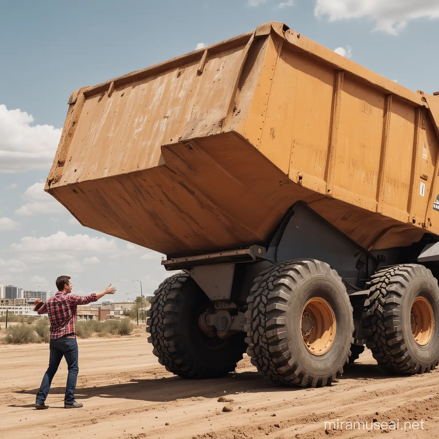 A man with a gigantic dumptruck emerging from his butt