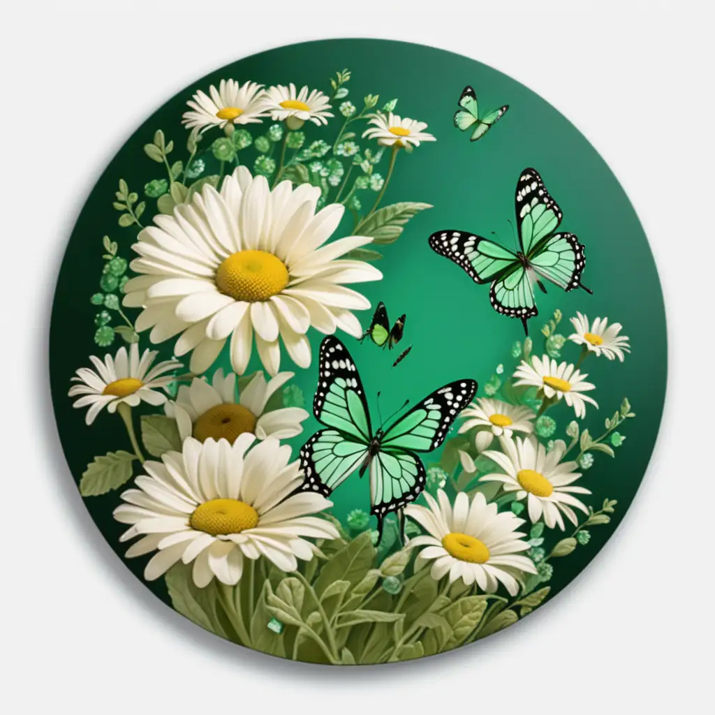 Round canvas, light GREEN flowers, CREAM daisies, vibrant EMERALD GREEN butterfly, transparent background