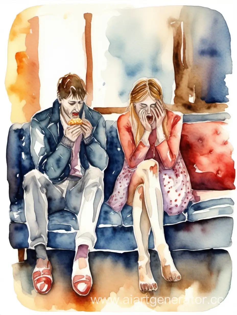 Lonely-Girl-Eating-Sweets-Watches-Couples-Walk-Away-in-Watercolor-Scene