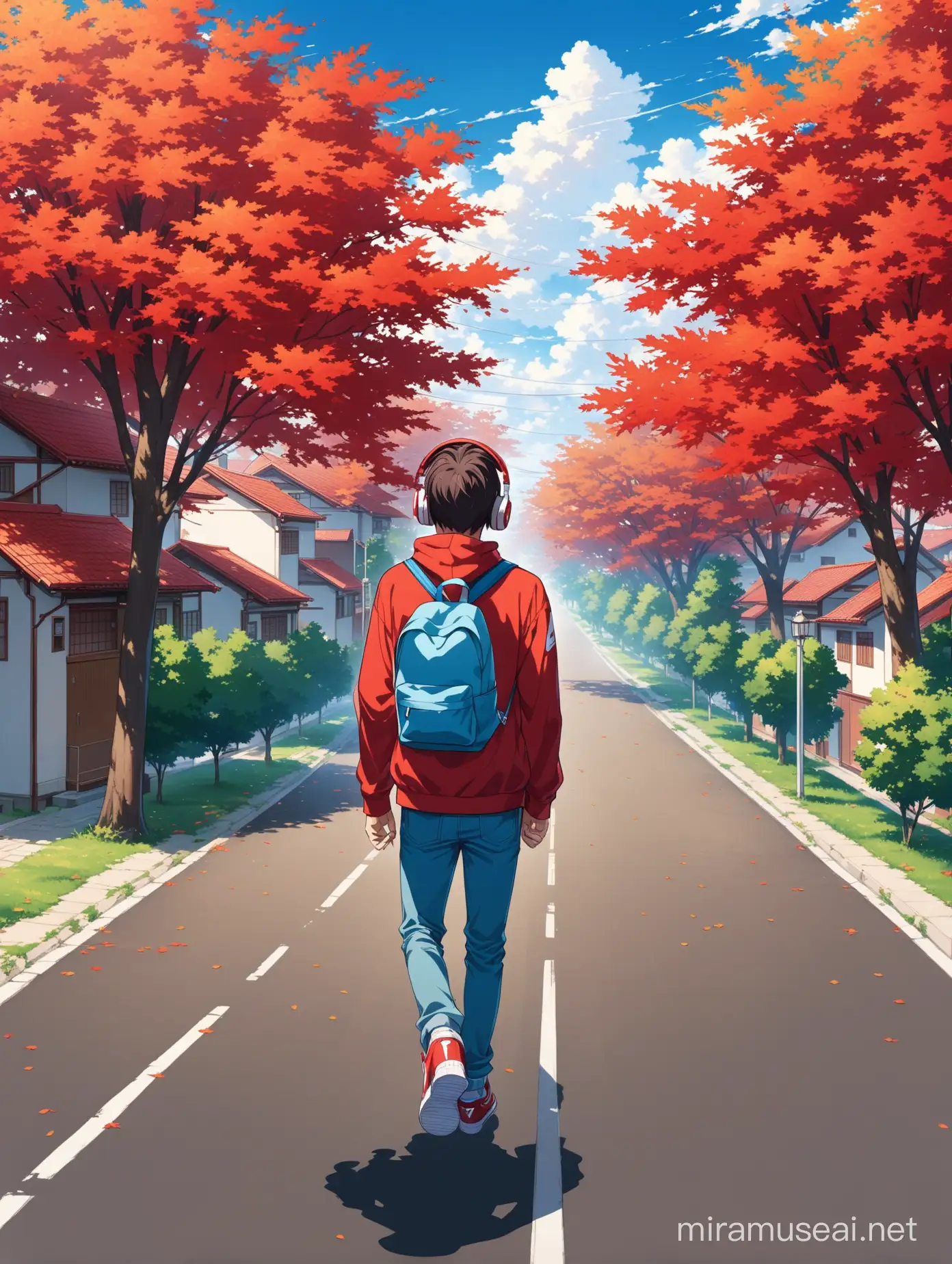 Anime: A handsome young man whose face we cannot see and who appears to us only from his back. He is walking on a long A wide road with cars passing, But the young man walks above the sidewalk with maple trees on either side of him, and a few cars passing by on the road. In front of him, the road ends in a small village whose houses have red tiled roofs and smokestacks from which smoke emerges. Background on the side is more. of brick houses. The boy is wearing a red hoodie, blue jeans, red Nike Dunk Low shoes, carrying a blue school backpack on his back, and wearing white string headphones.