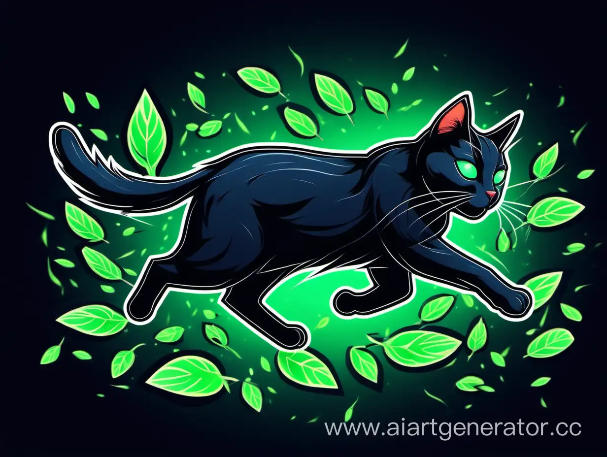 черный кот бежит за лепестком мяты, темный фон, мята, банер, развивающиеся от ветра лепестки с мятой, вид сбоку, логотип ,неоновое освещение