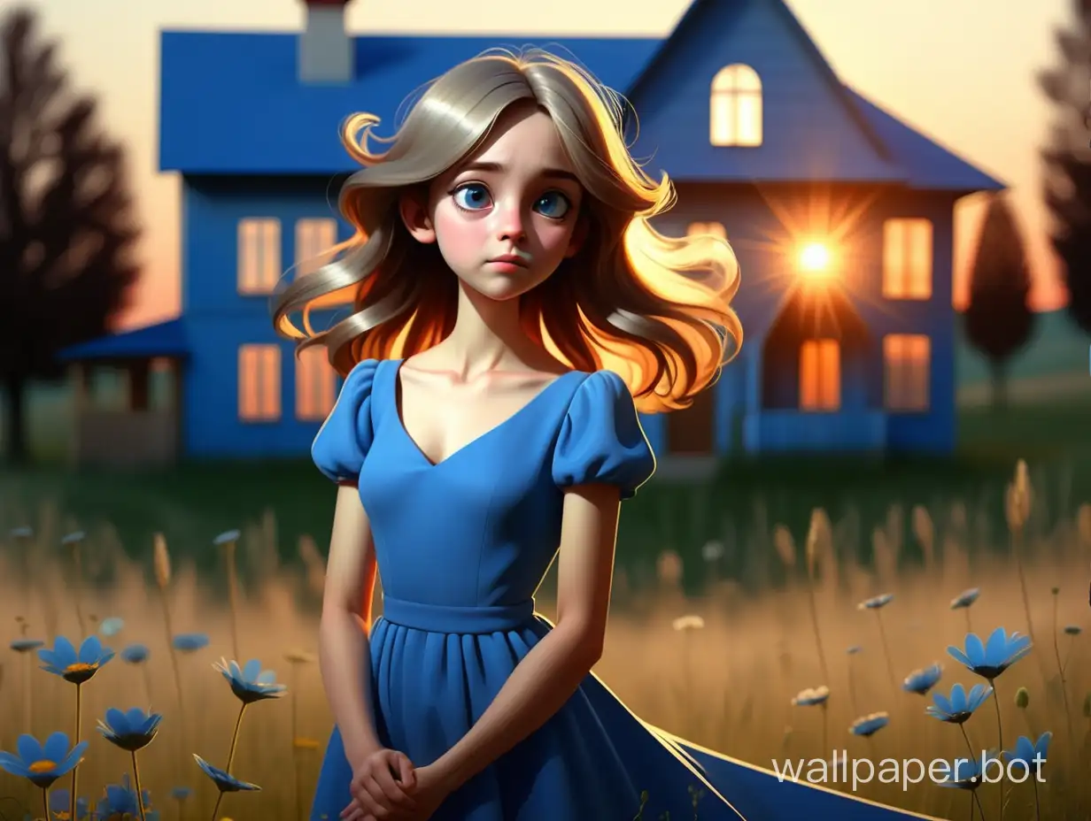 девочка в полный рост в синем платье, сияет на закате звезда, дом на цветущем лугу