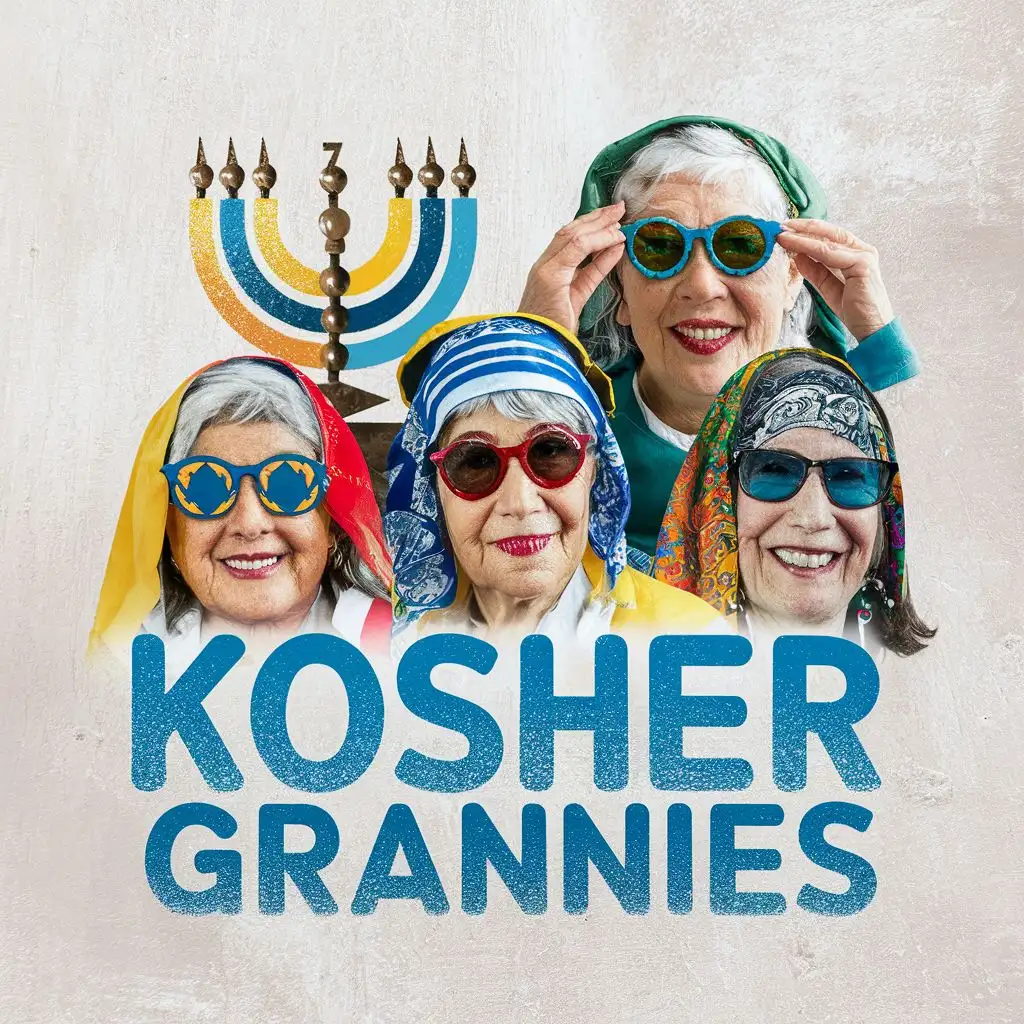 logo, Israel, yellow, blue, white, old school Middle Eastern Jewish grannies with David star sunglasses, Israeli colorful headscarves, 7 branches Menorah, Paul Klee, with the text "Kosher Grannies", total white background, happy font, typography, be used in art