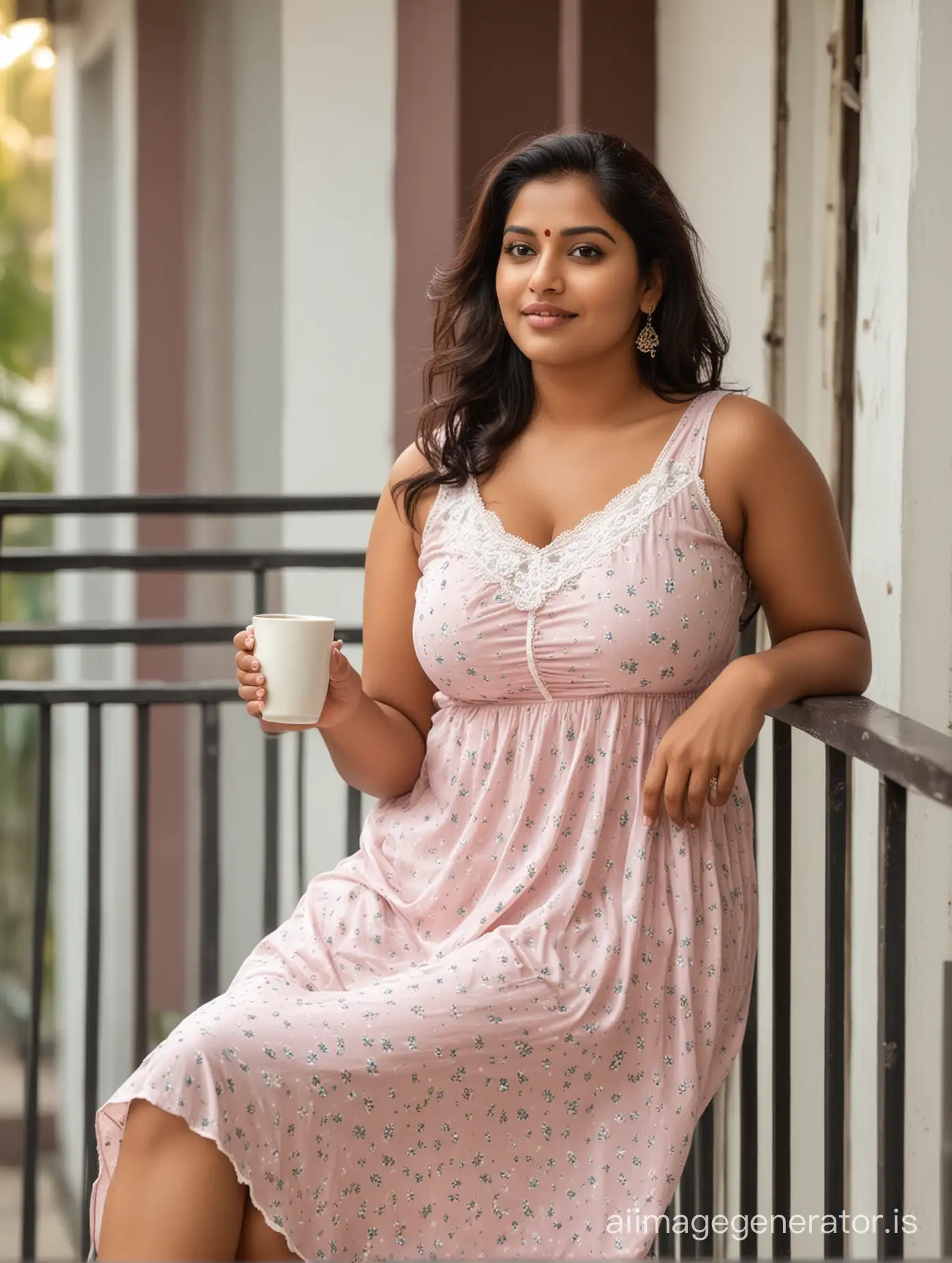 Beautiful indian plus size women wore sleeveless nighty sit in balcony with coffe cup