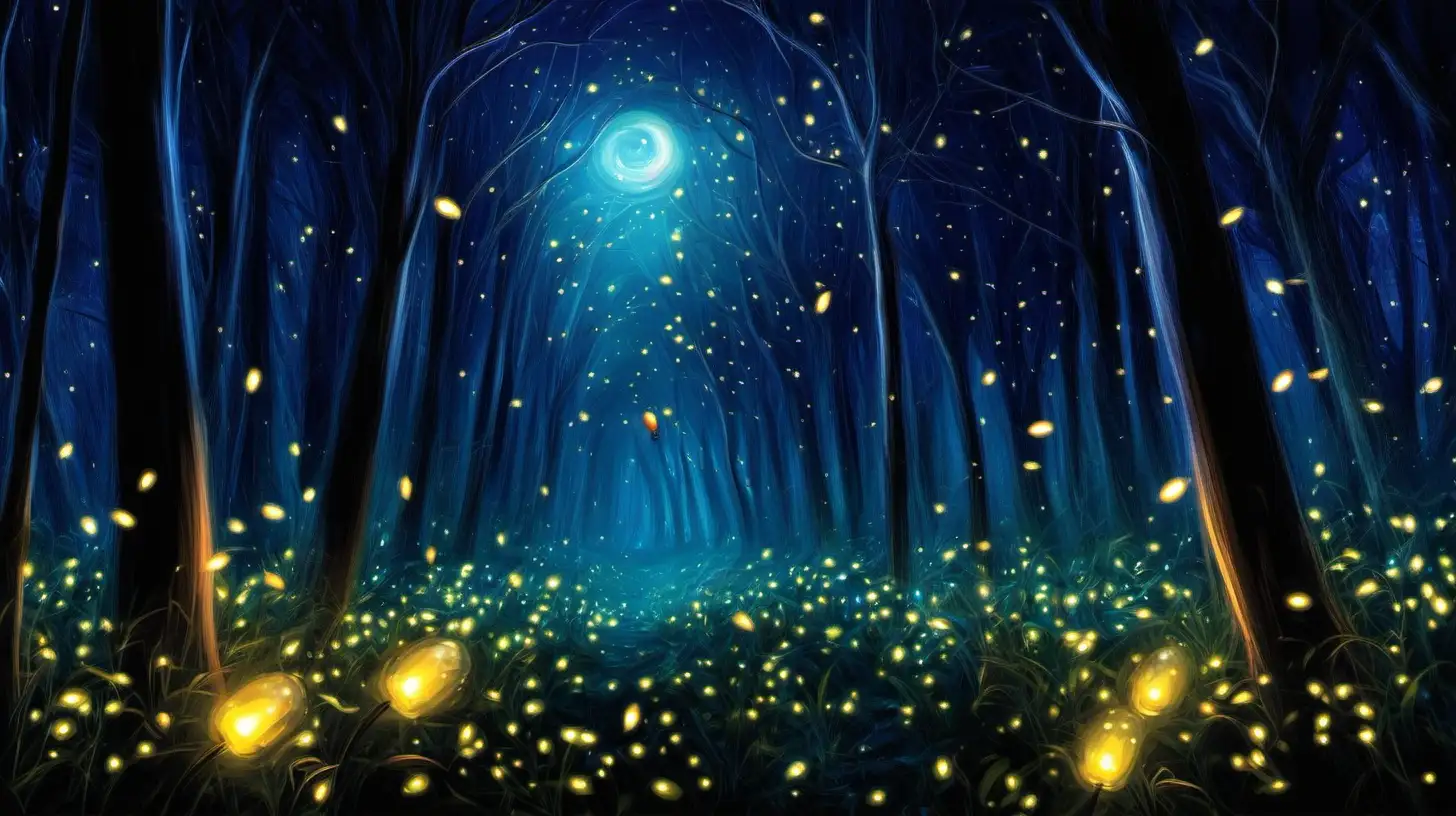 Mystical Fireflies Illuminate Enchanted Forest at Night