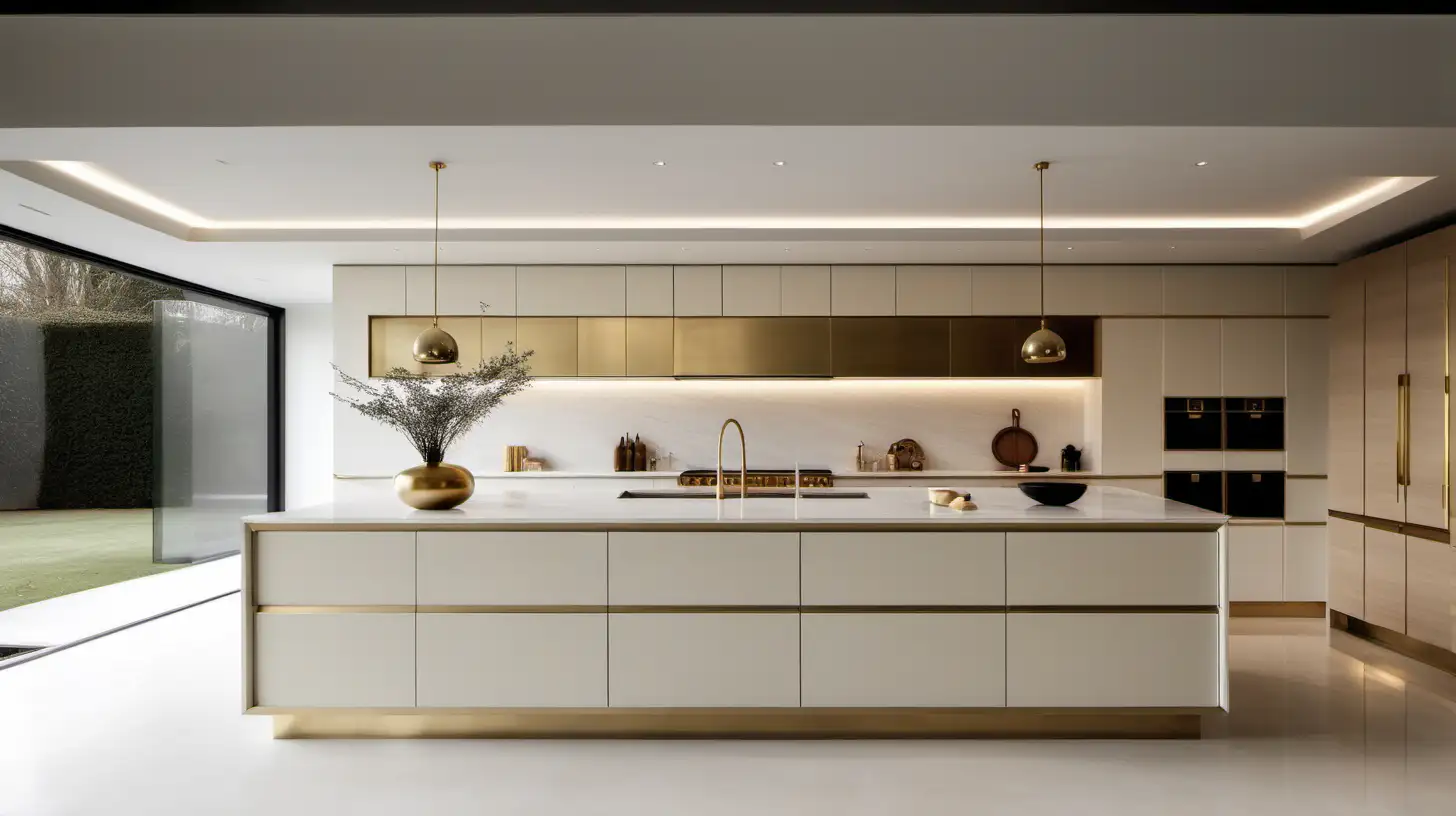 Grand Minimalist Contemporary home kitchen; , ivory, oak, brass
