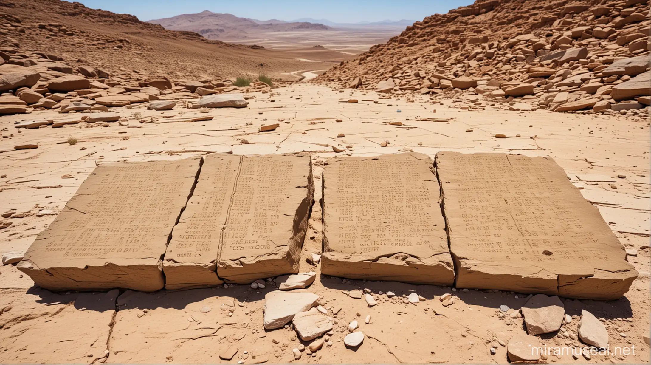 2 cracked stone tablets in the desert at the bottom of a mountain. in the era of Moses.