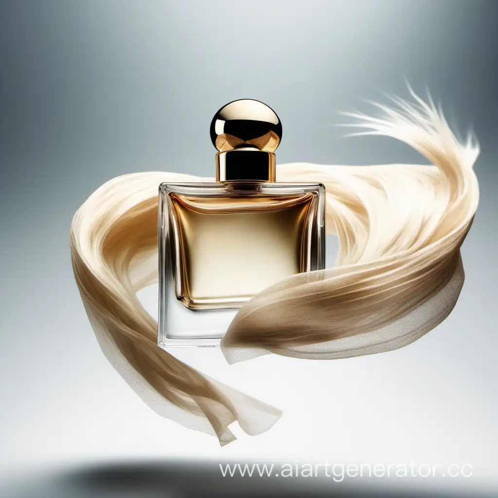 perfume bottle, flying in the air, blond hair wrapped around it. 