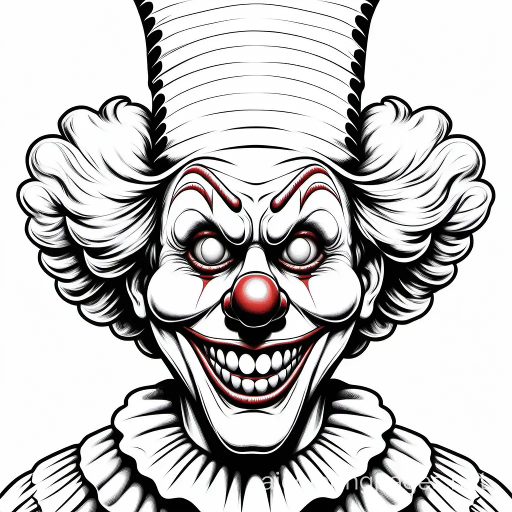 extremely scary clown
, Coloring Page, black and white, line art, white background, Simplicity, Ample White Space. The background of the coloring page is plain white to make it easy for young children to color within the lines. The outlines of all the subjects are easy to distinguish, making it simple for kids to color without too much difficulty