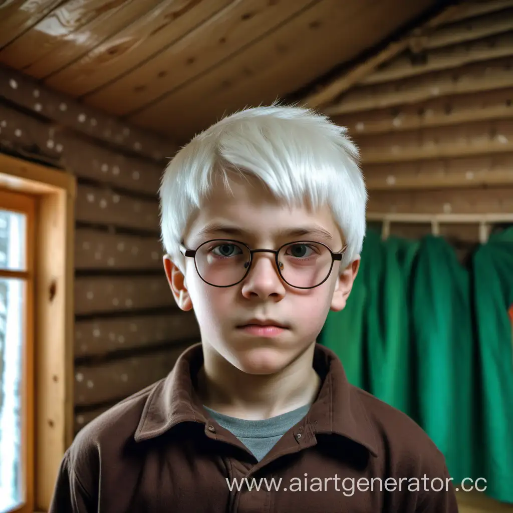 12-ти летний русский мальчик в коричневой рубашке, в очках, с белыми волосами, смотрит на меня скромным взглядом , в детской комнате деревенского дома, образец конца 90-х, в таёжном лесу, зимним пасмурным днём  