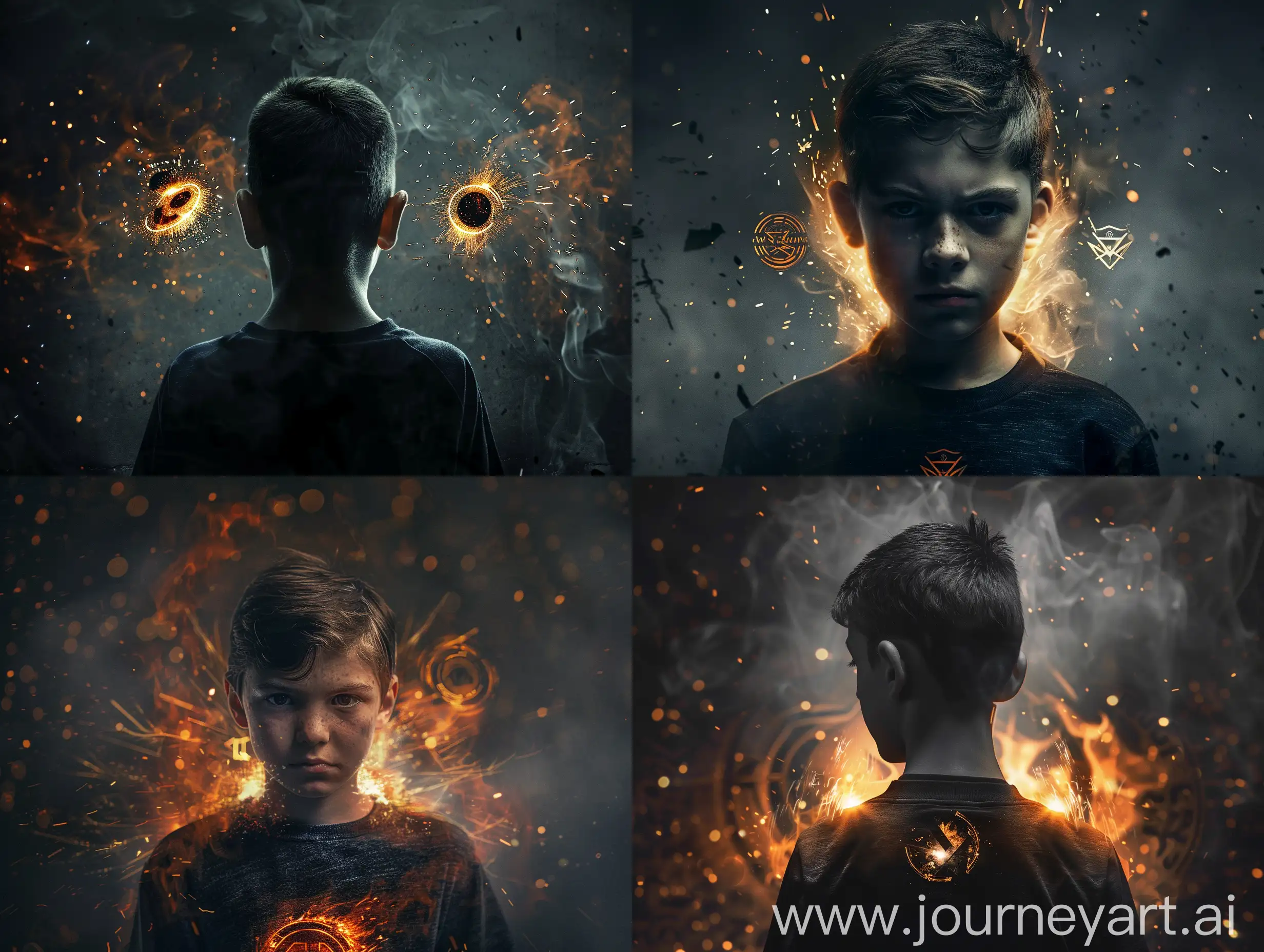A boy looks straight in front and two logos coming out of his back, spark, fire, dark