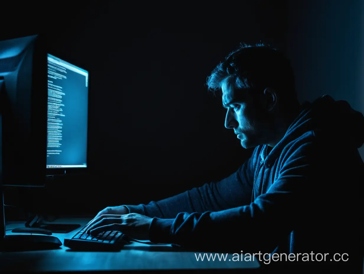 Депрессивный мужчина сидит за компьютером в полной темноте