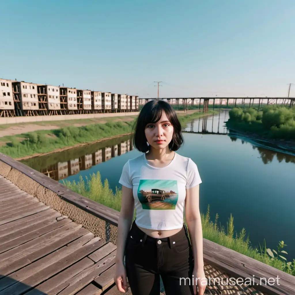 Urban Woman by Vorkuta River with Dilapidated Houses