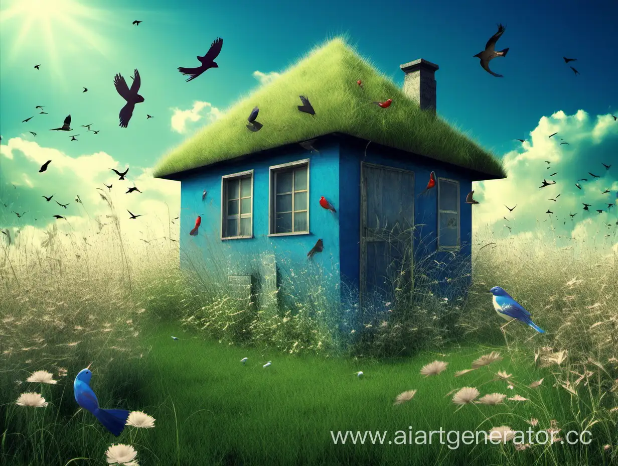 Dreamcore-Backrooms-Tranquil-Home-Amongst-Nature-with-Blooming-Flowers-and-Blue-Sky