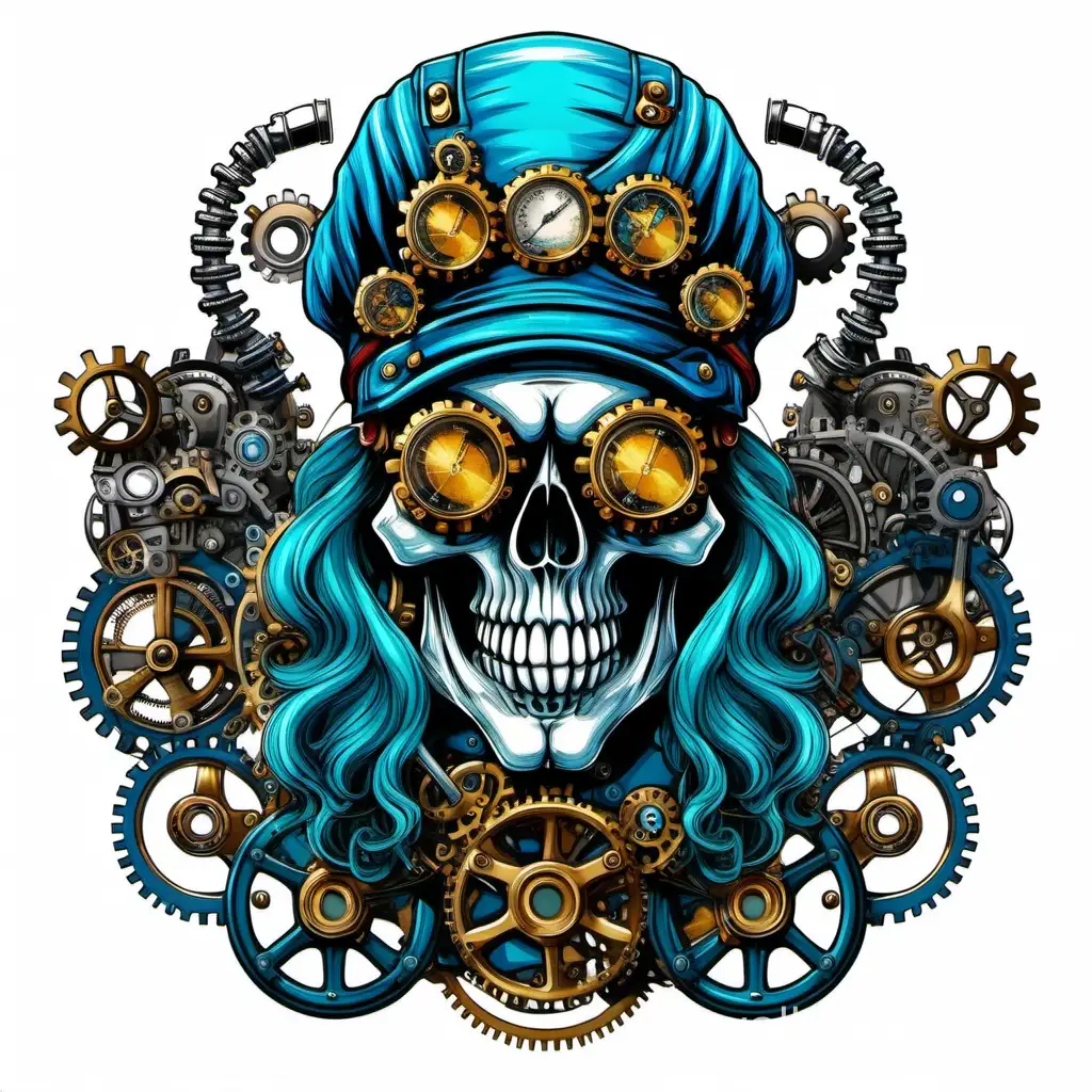 colorful steampunk biker skull. color neptune blue. white background