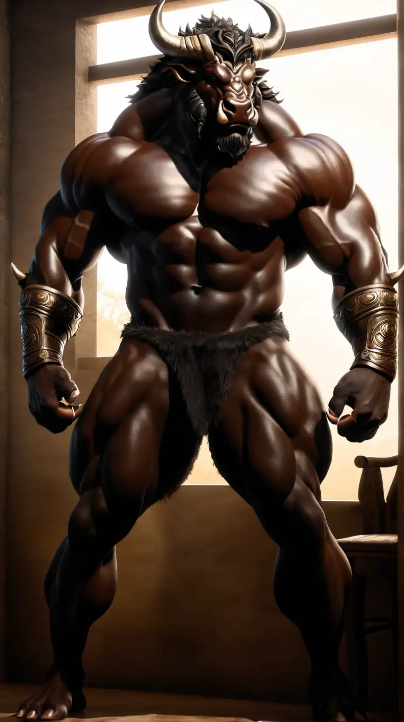 An image of a minotaur stud, dark skin, head of a bull, big belly, strong arms, detailed fantasy style 