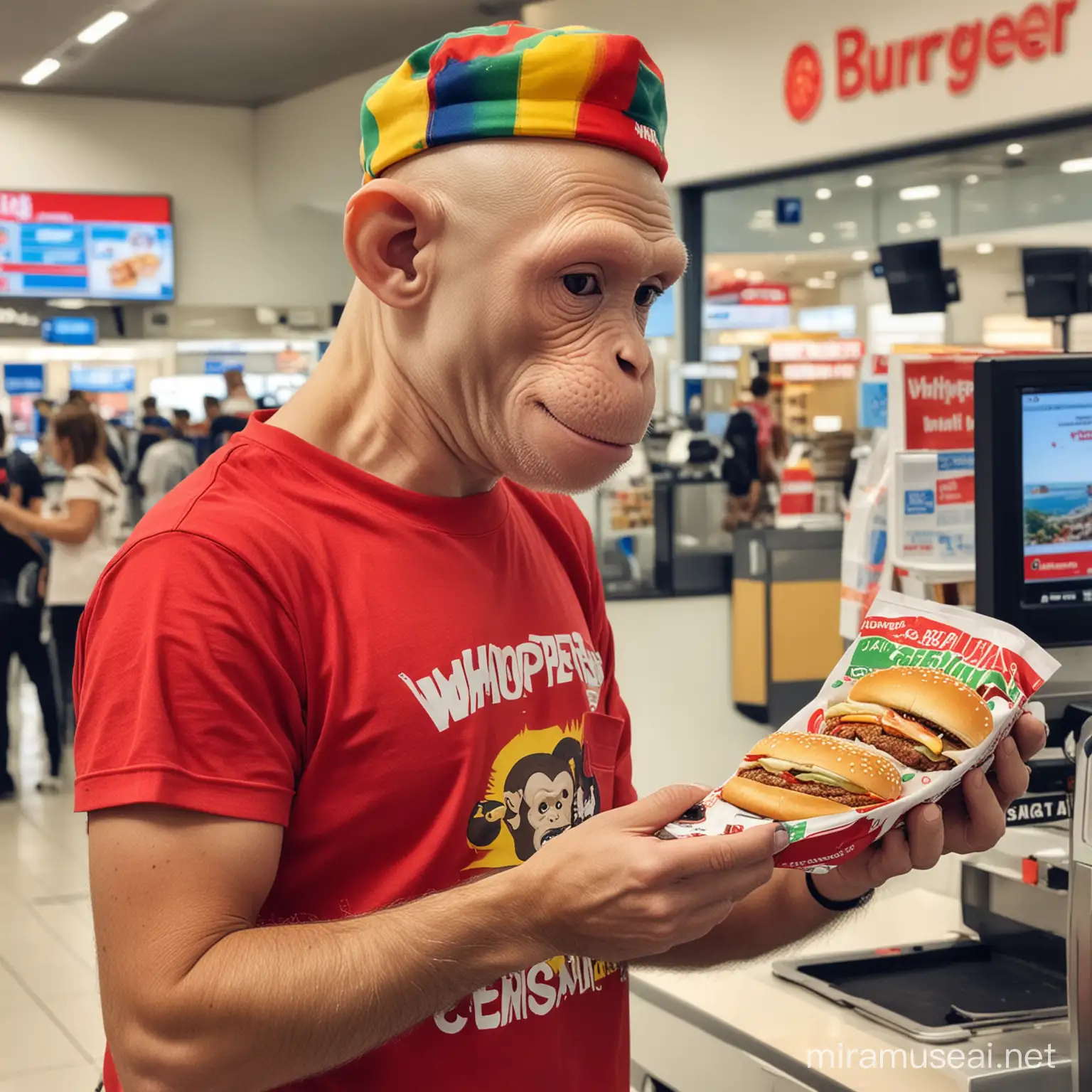 an bald monkey using a flat panel cap buying a whopper at Burguer King. He is in a portugal airport and wearing a brazilian carnival special kit t-shirt.