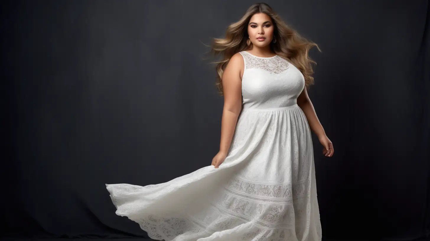 Stylish Plus Size Model Dances in Vogue White Lace Dress