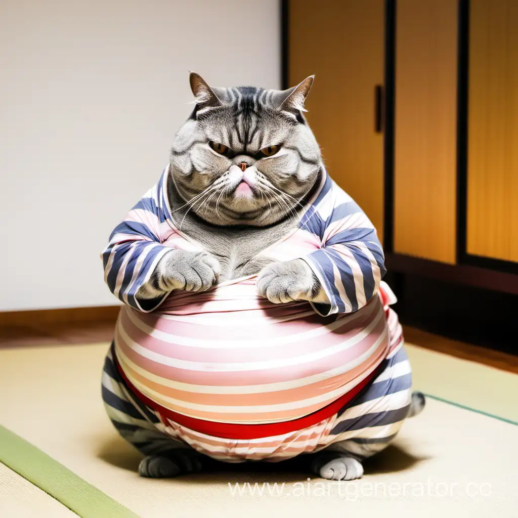 Серый полосатый толстый кот занимается сумо