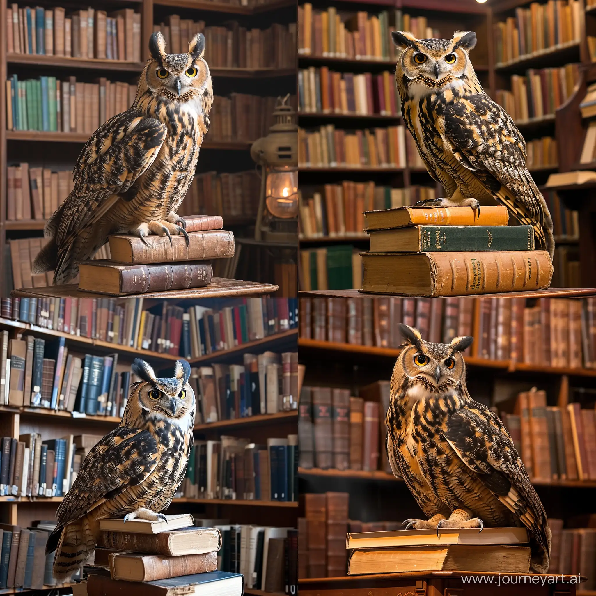 Majestic-Owl-Perched-on-a-Tower-of-Knowledge-in-the-Library