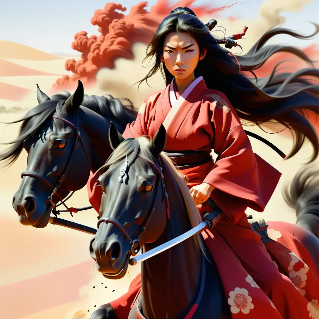 женщина самурайка китайской внешности в красном кимоно и катаной на черной лошади с длинной гривой скачет по пустыне на переднем плане лицо женщины и лошади они смотрят прямо сфокусировавшись на дороге
на заднем плане песок как зола поднимается вверх от ветра и взрывов
