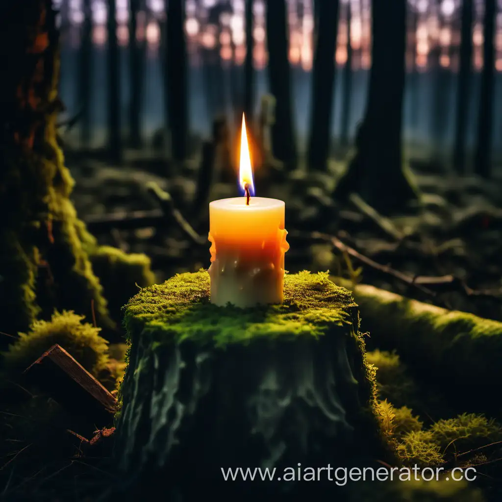 горящая свеча в полумраке, которая стоит на пне в лесу вокруг мох