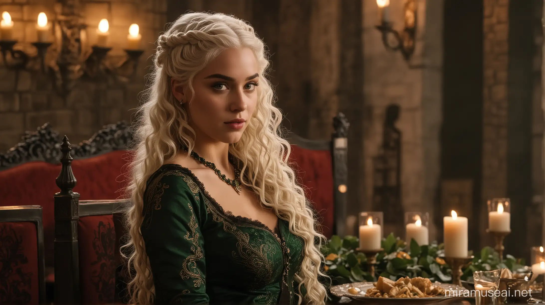targaryen princess, white wavy/curly hair styled in half up half down with braids, dark emerald eyes, dressed in black with dragon motifs in green and gold, mid 20s, background is a candlelit dinner chamber in the Red Keep, she is dressed for dinner, 