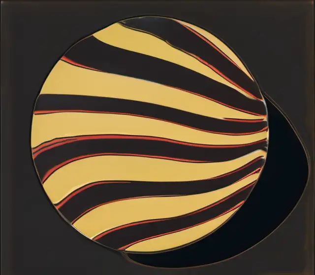 A clean deep ochre yellow circle with thick black ripples with red outline running from a single area on the right side of the circle. The  circle image itself in a deep ochre yellow placed on a clean black background.  A clean circle 2d image. 