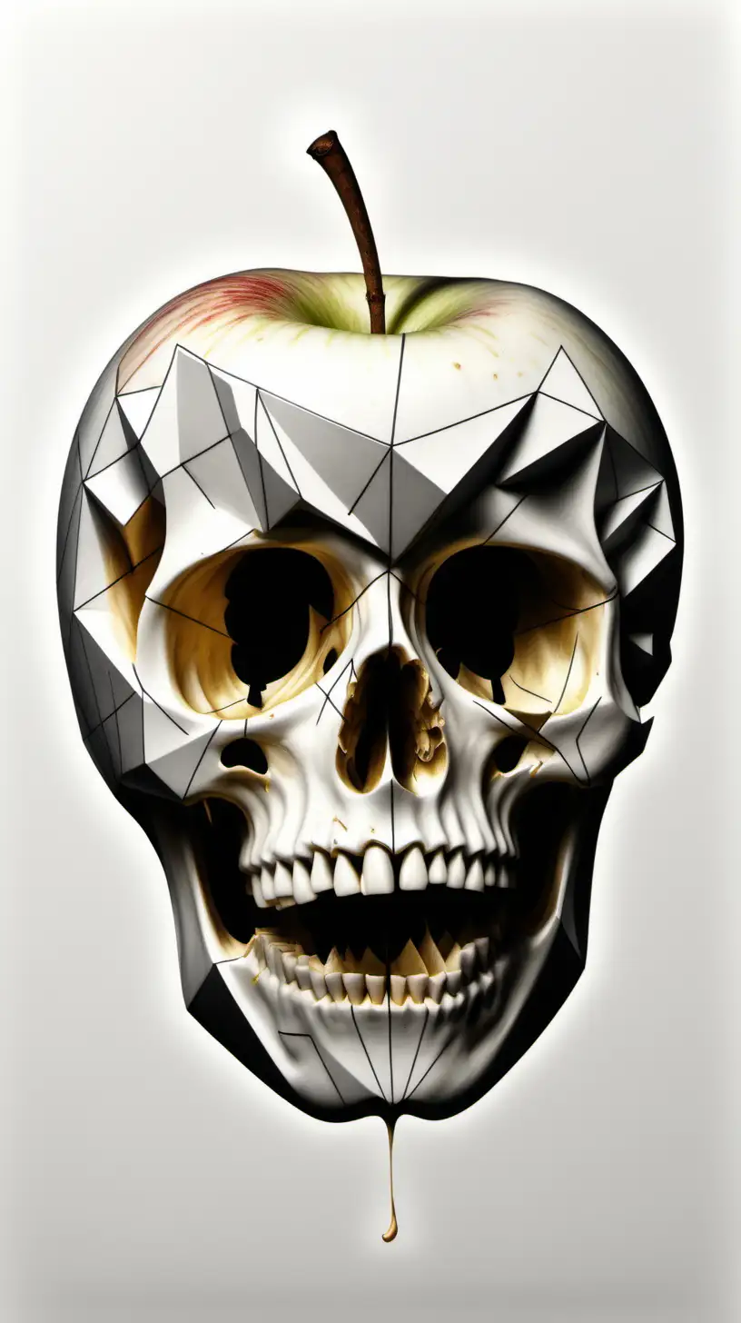 A hyper realistic drawing featuring a bitten apple that the image of a skull is appear on   the apple's skin.
[geometric shapes]
[black and white and gold]
white empty background