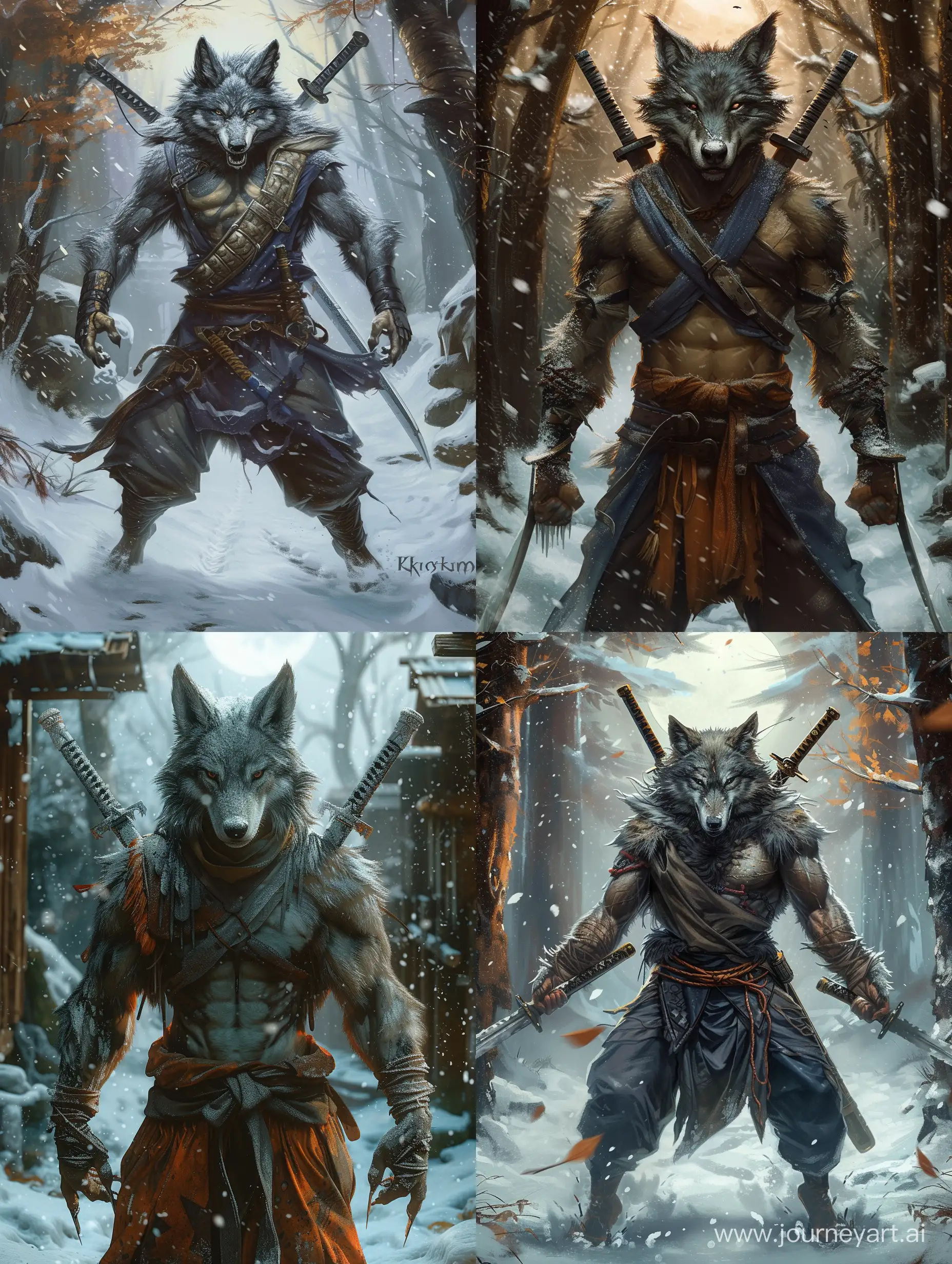 anthropomorphic wolf warrior,The leader of the wolves,two swords on his back,empty hands,in snow,amidst a rustic forest setting dappled with the soft light of a harvest moon,fierce,Detailed clothing.incredible detail,terrifying.