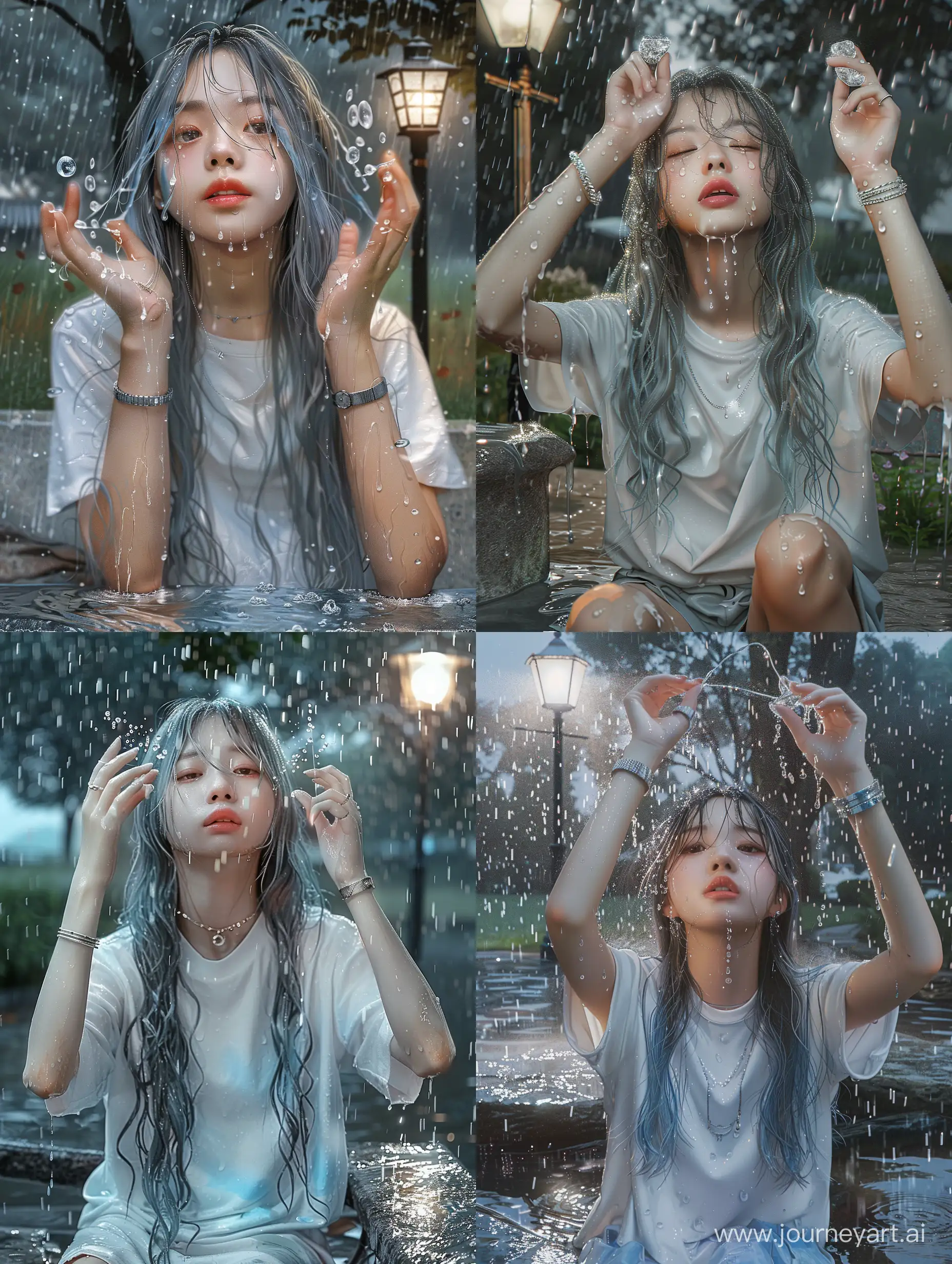Realistic image of an Asian girl, 20 years old, she is holding up her slender fingers to catch raindrops, silver bracelet, wet round neck white t-shirt, she shows perfect emotions , cheeks rosy, lips glossy, face slightly raised, face receiving the light, many raindrops on her face, face wet from the rain, long gray hair mixed with light blue, she sat on a stone bench in park, strong light lamppost next to the bench, rainwater flowing in streams under her feet