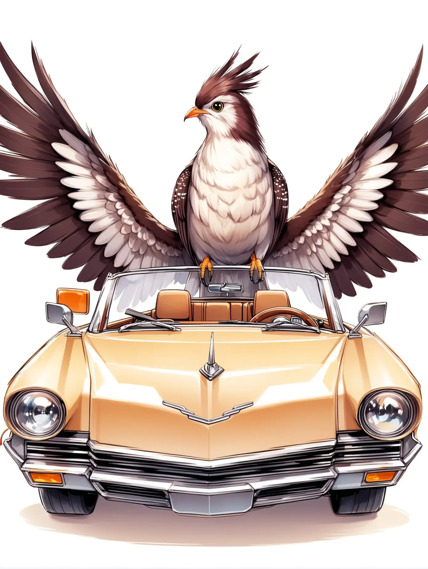 Large-Cuckoo-Riding-Small-Convertible-on-White-Background