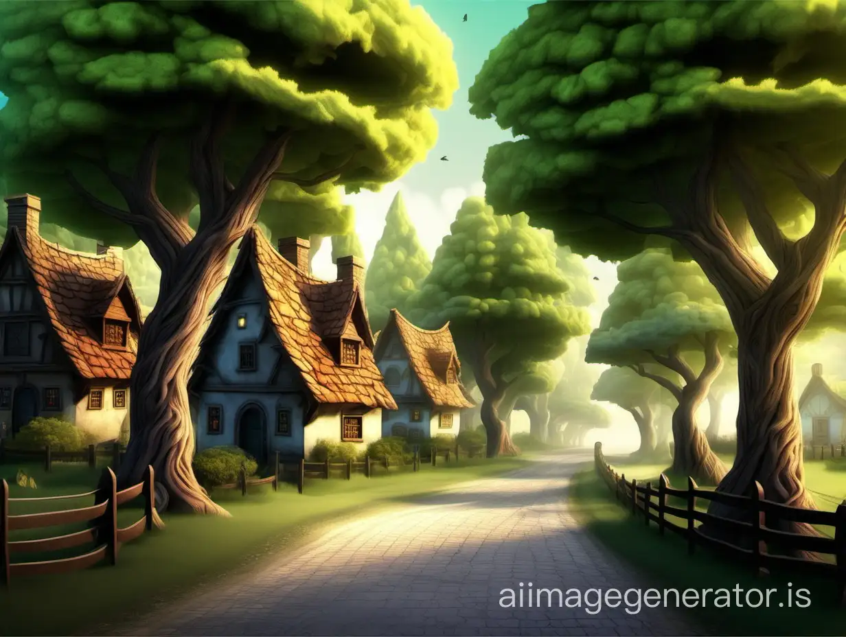 Enchanted-Fantasy-Village-Road-with-Towering-Trees
