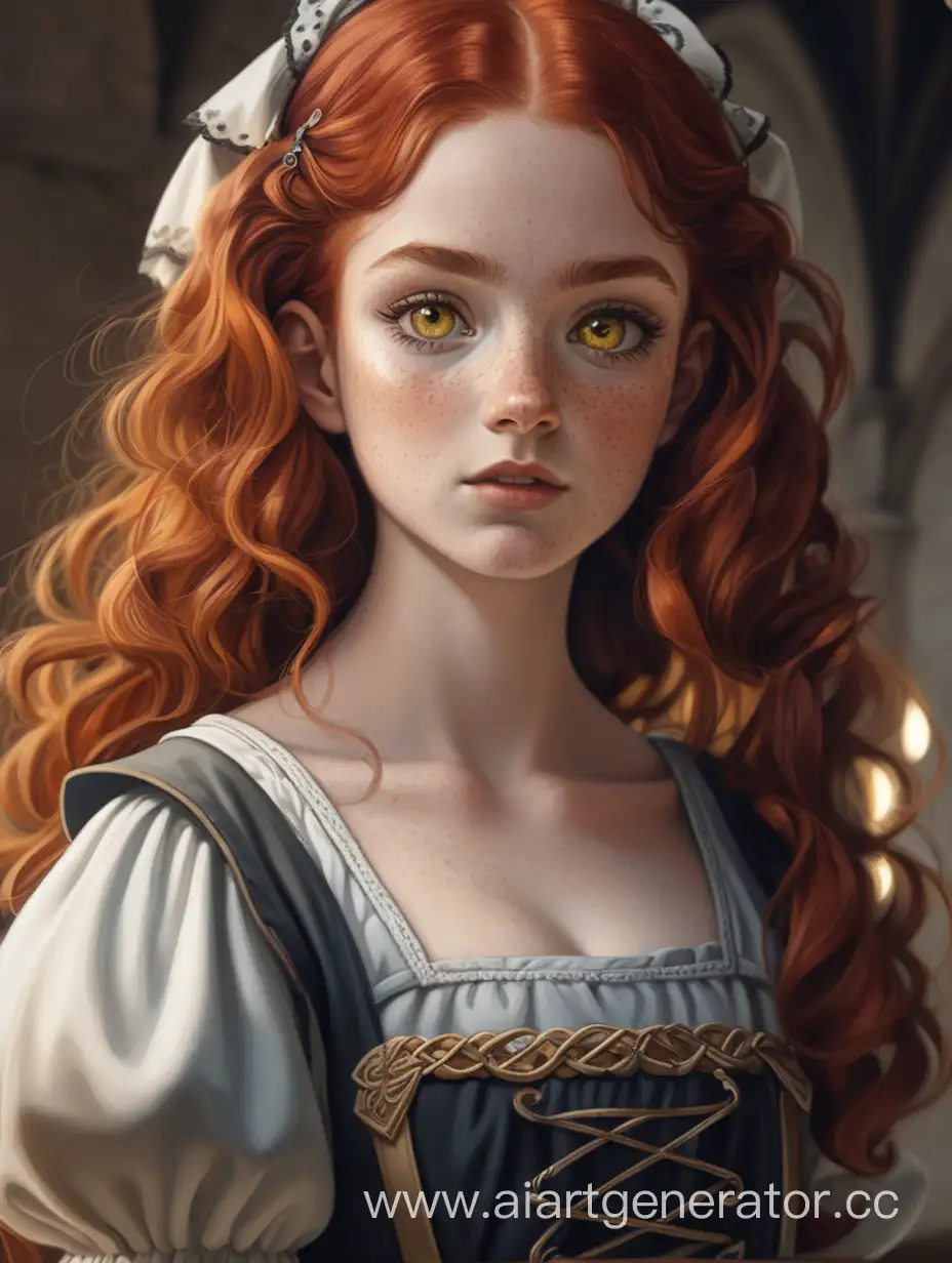 Рыжая девушка с желтыми косыми глазами веснушками в костюме средневековое горничной 
