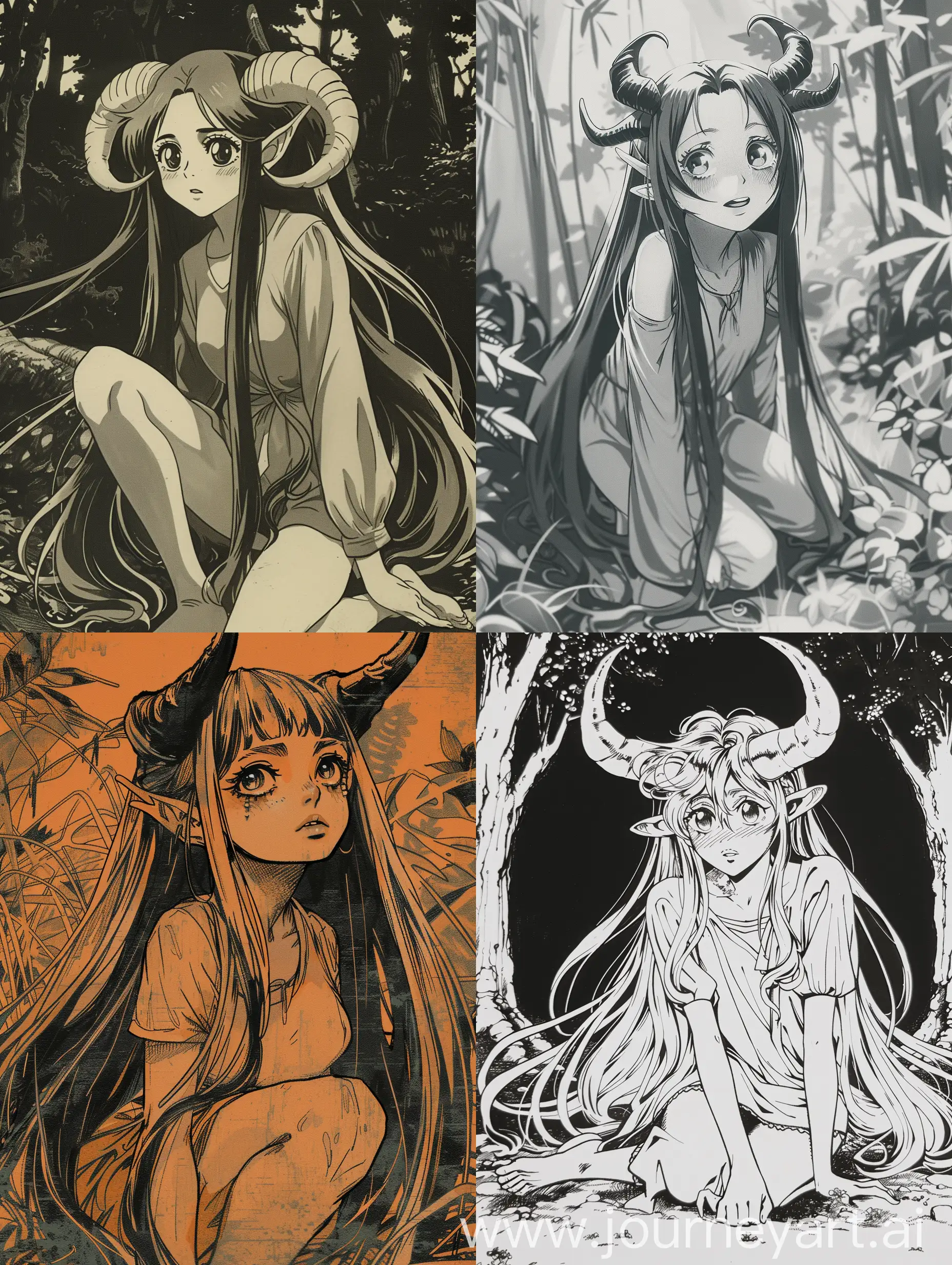 Devil woman reminiscent of 90's anime and Studio Ghibli. She has large, expressive eyes reflecting innocence and mischief. Her long, flowing hair adorned with horns cascades around her. Kneeling basking in the beauty of her surrounding. Like a scene from a Ghibli film. (VHS effect)