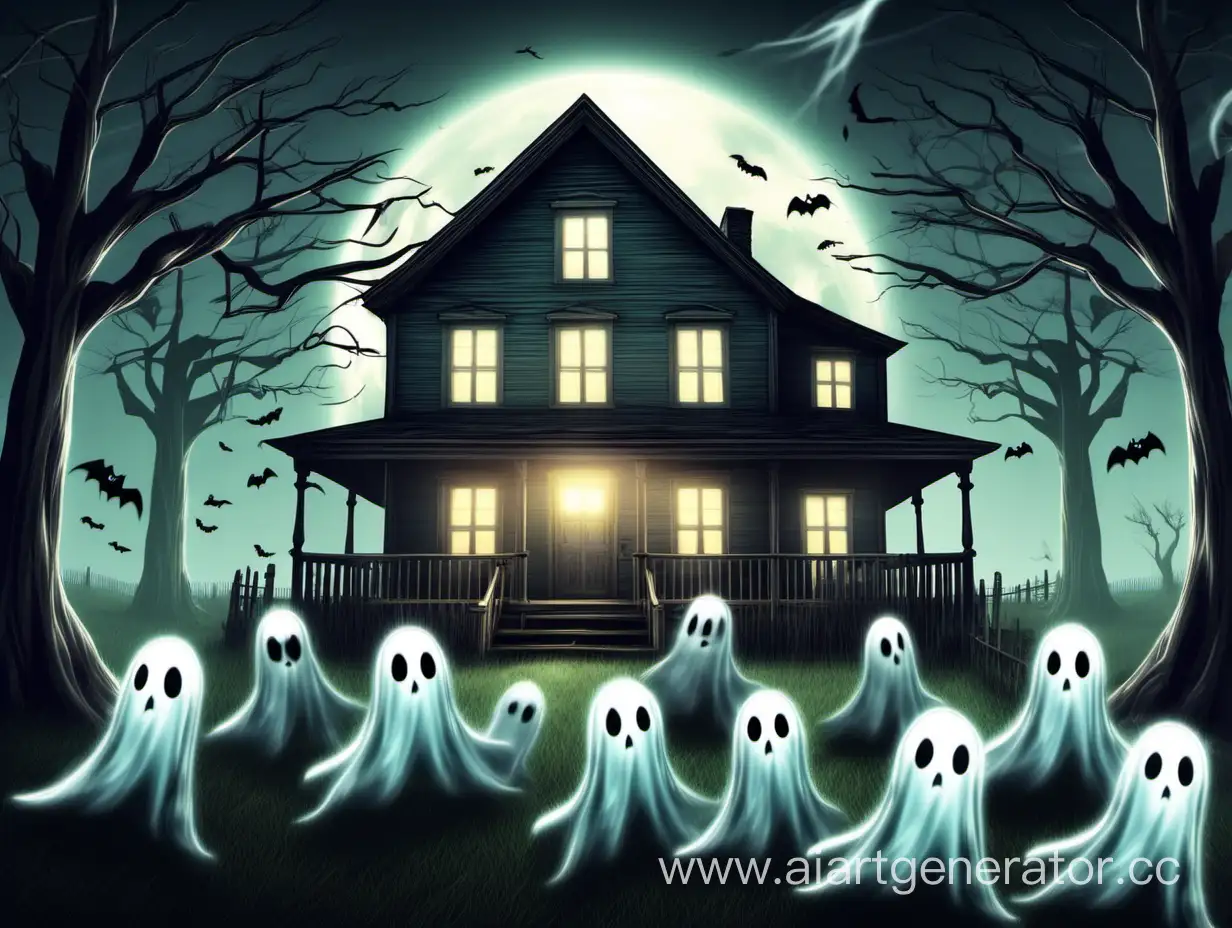 create a preview of a ghost hunting game
Add a farmhouse on the background and some ghosts wandering on the ground
make ghosts translucent 