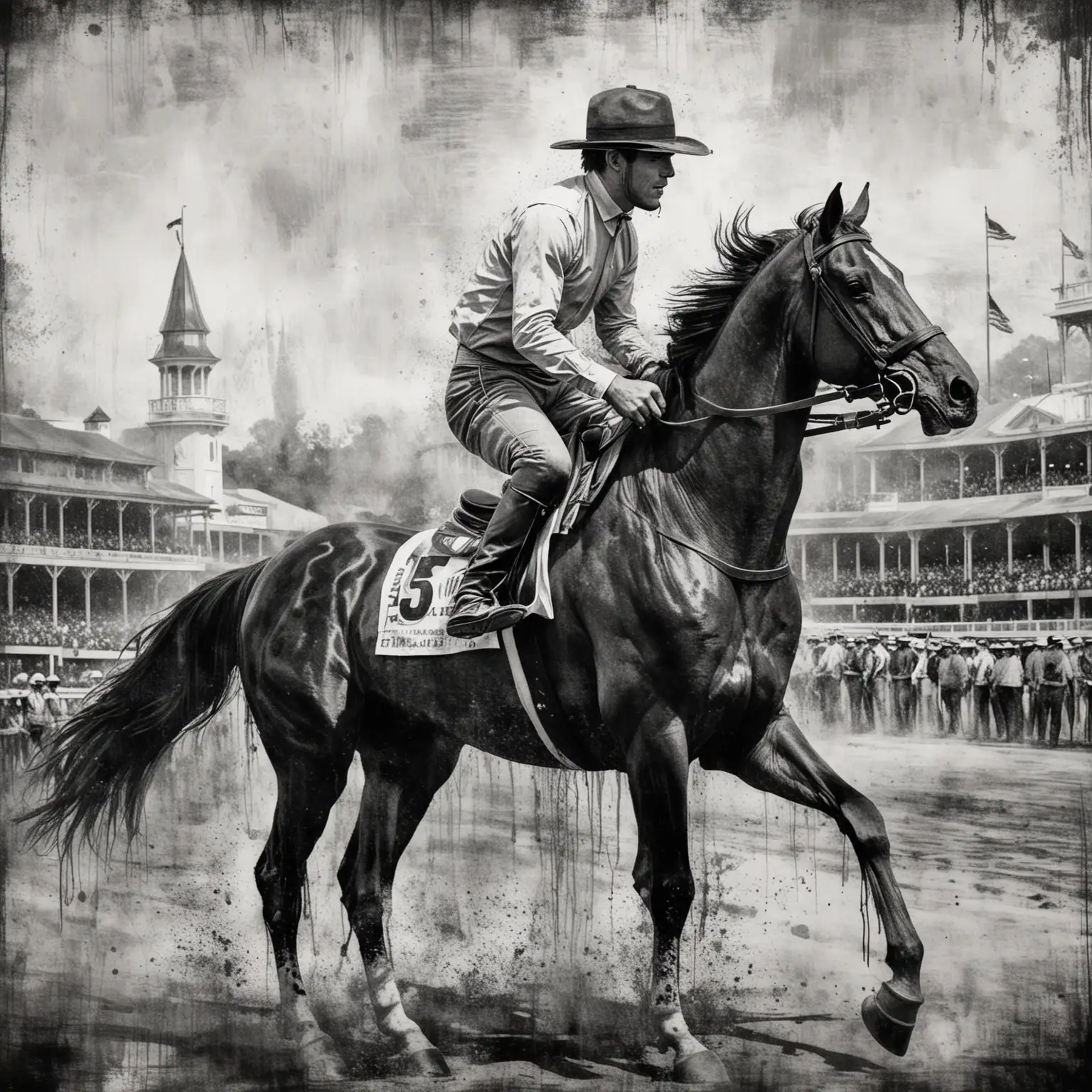 Kentucky Derby with grunge art, black and white art