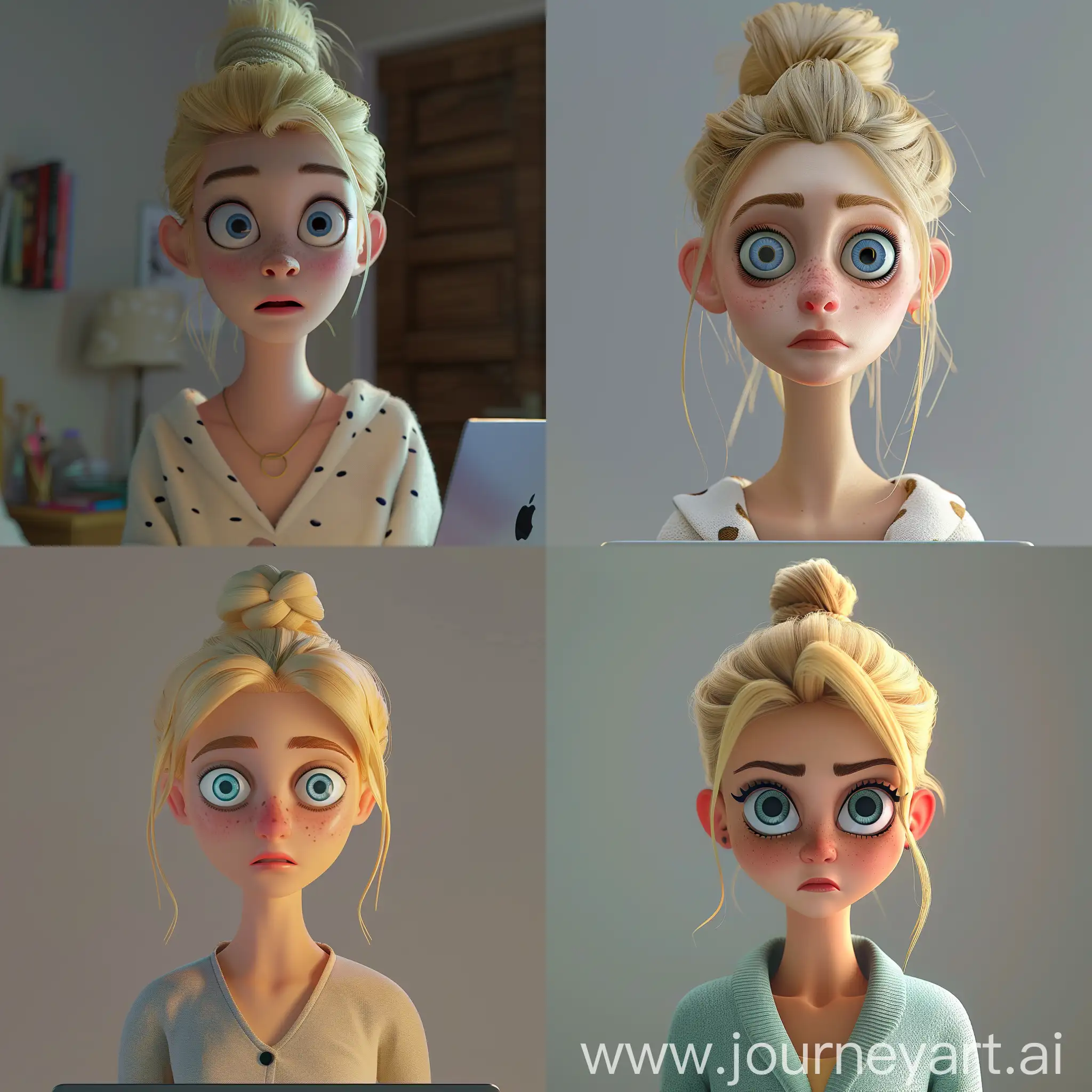 32-years-old woman after a sleepless night trying to work in front of the laptop. Blond with blue eyes. hair tied up in a bun and wearing loungewear, with circles under the eyes. 3D pixar character