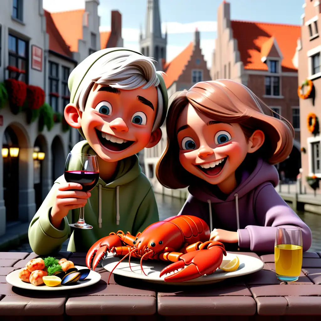 Create a whimsical 3D cartoon image featuring two happy children, girl and boy  enjoying a delightful meal of lobster and mussels in the enchanting cityscape of Brugge. Illustrate them sitting at the table in with the delectable seafood spread. Maintain their cartoon-like appearance and ensure they express joy while savoring the delicious feast. Highlight the romantic ambiance of Brugge in the scene, capturing the unique charm of this historical city. They look like teenagers wearing colorful hoodies and they are drinking wine while laughing. only the boy has short silver hair and only the girl has long brown hair. make them very cute