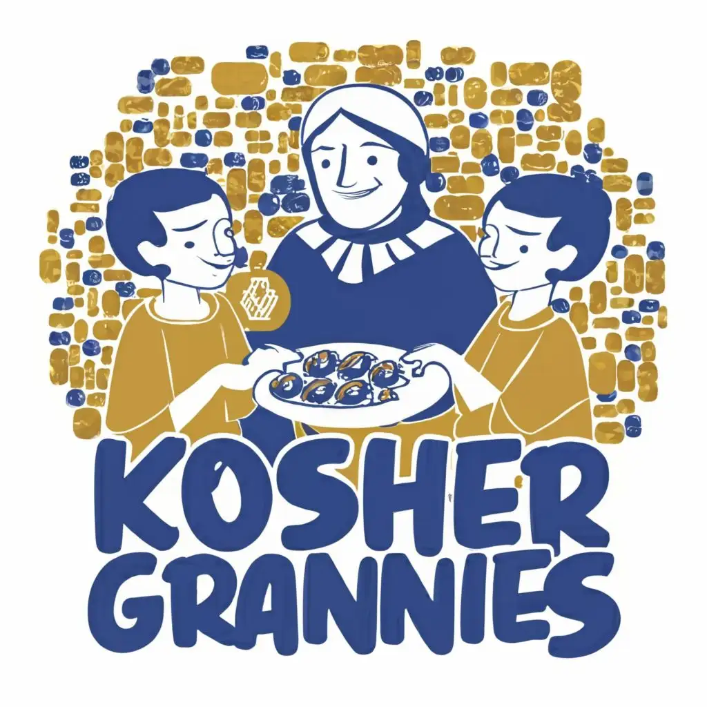 logo, Israel, yellow, blue, white, Jewish food and Jewish granny feeding family, Paul Klee, with the text "Kosher Grannies", in Portuguese tiles, typography, be used in Automotive industry