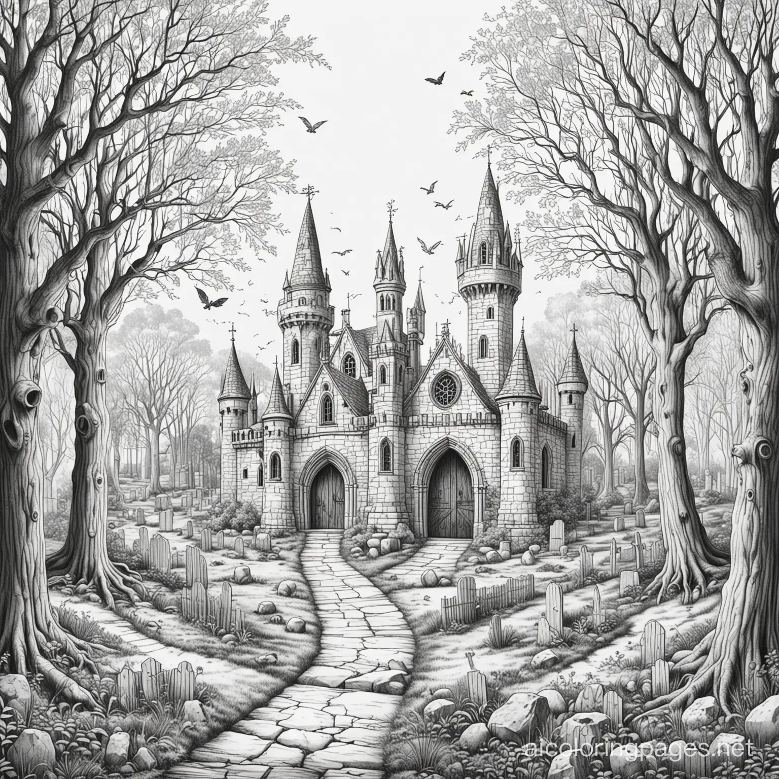Gothic-Castle-Coloring-Page-with-Graveyard-Trees